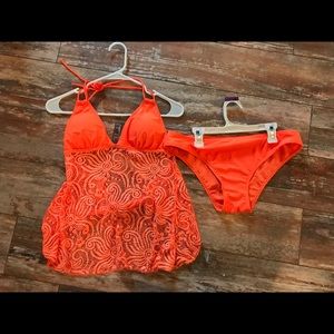 Neon orange lace tankini
